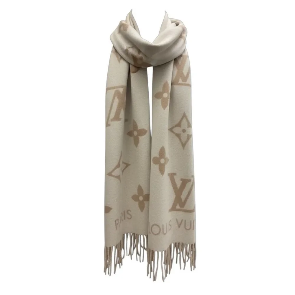 NWT Louis Vuitton Cream & Sable Brown 100% Cashmere M76067 LV Monogram Scarf